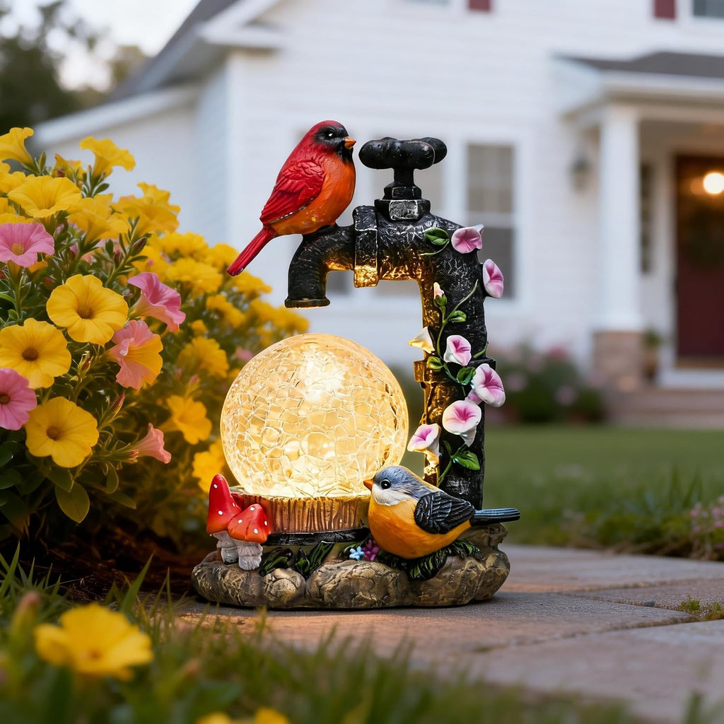 TERESA'S COLLECTIONS Garden Decor for Outside Red Cardinal Bird Statues with Outdoor Solar Lights, Resin Garden