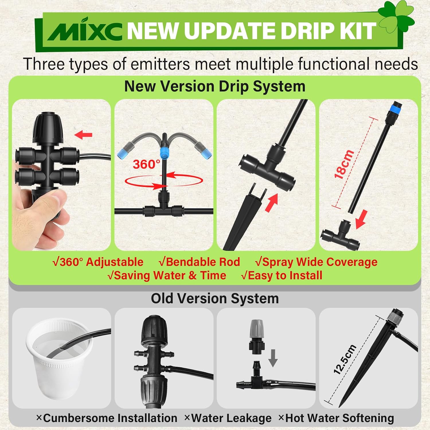 MIXC 2026-Upgrade 360° Adjustable Drip Irrigation System Kit, 200FT Bendable Watering Misting System with 3 Spray