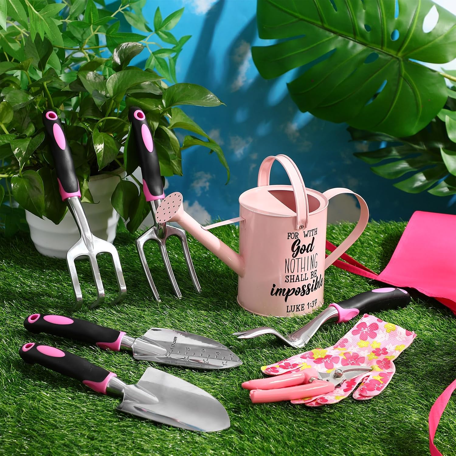 Blueweenly 9 Pcs Watering Can Garden Tools Kit with Bible Verse Christian Gardening Gifts for Women with Heavy Duty