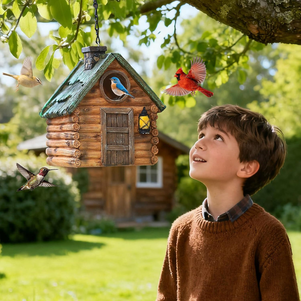 Bird Houses for Outside Real Wood-Look Resin Bird House with Hanging Chain – Waterproof & Durable Forest Birdhouses for
