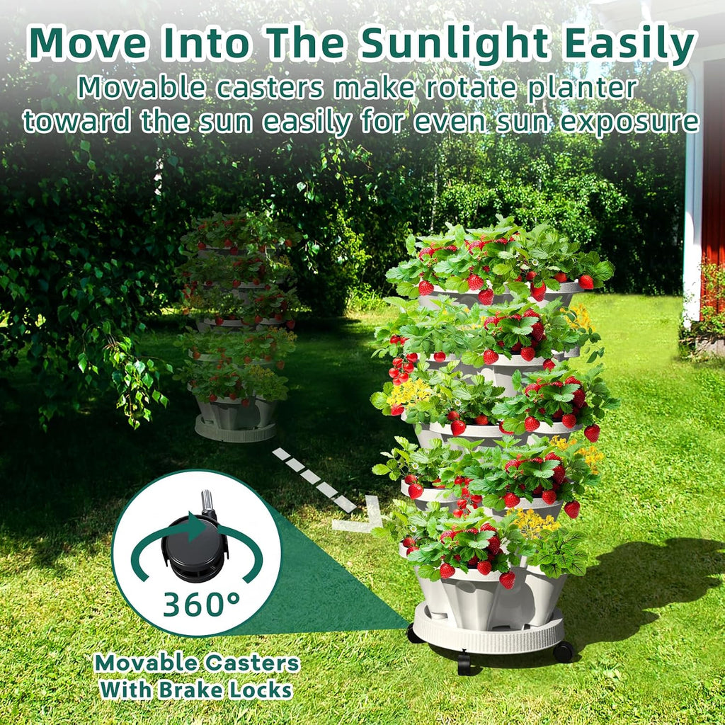 Strawberry Vertical Planters, 3 Tiered Stacking Tower Garden, Stackable Herb Vegetable Planters with Movable Casters