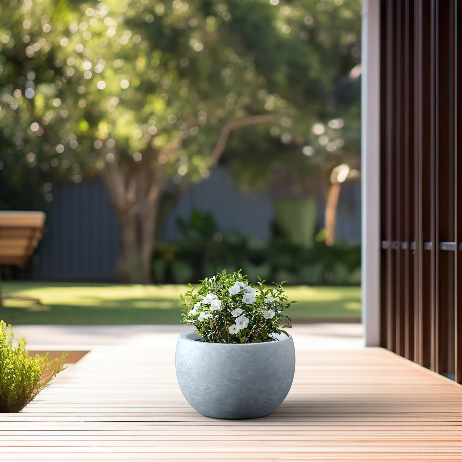 Kante Accent Round Bowl Blue Gray Concrete Planter 15.7" Dia, Outdoor | Rubber Plug for Indoor, Drainage for Garden