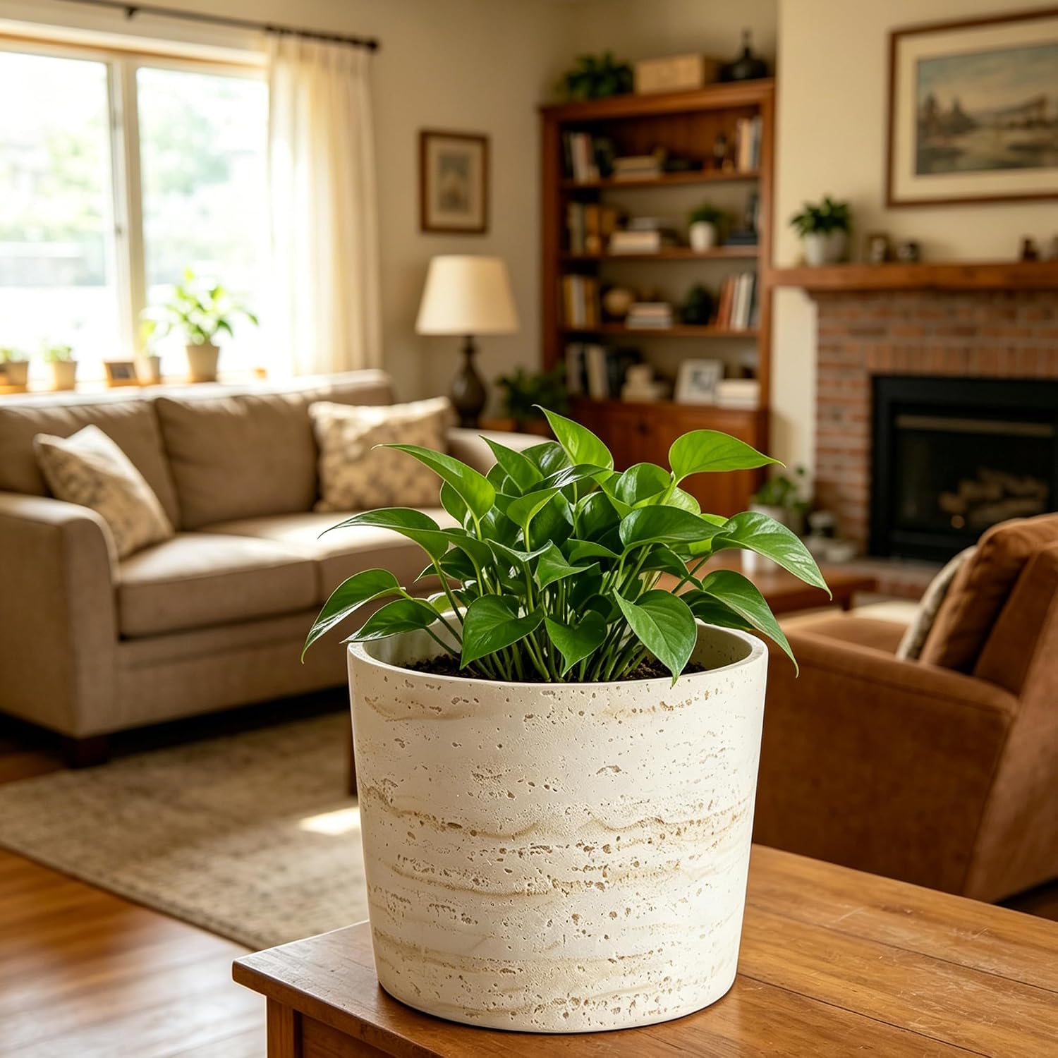 Ekirlin 7 Inch Natural Travertine Textures Plant Pot, Resin Outdoor Planter with Drainage Hole, Removable Rubber