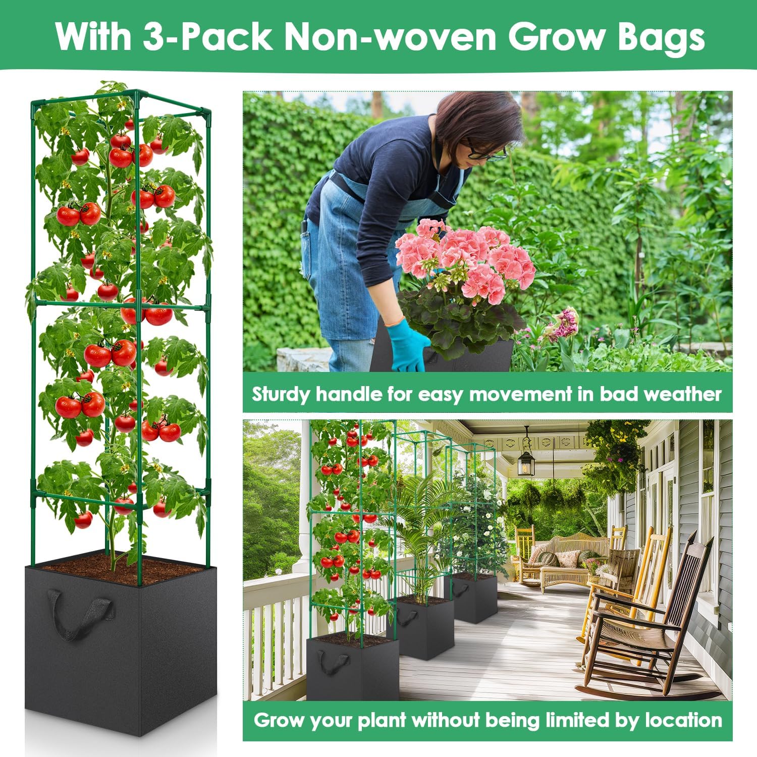 3 Pack Tomato Cages for Garden, Square Tomato Trellis with Grow Bags, 49 IN Tall Heavy Duty Tomato Plant Stakes Support