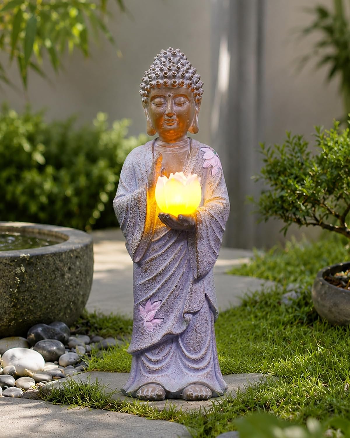 Solar Buddha Garden Statue Decor: Standing Figurine with Lotus Light | 11-Inch White Zen Sculpture, Patio Lawn Yard