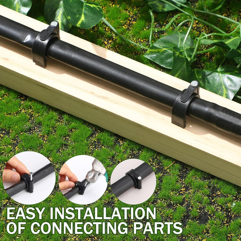 100 Pcs Drip Irrigation Tubing Mounting Clips, 1/2" and 5/8", Black | Secure Drip Line to Wood, Metal Nail Install