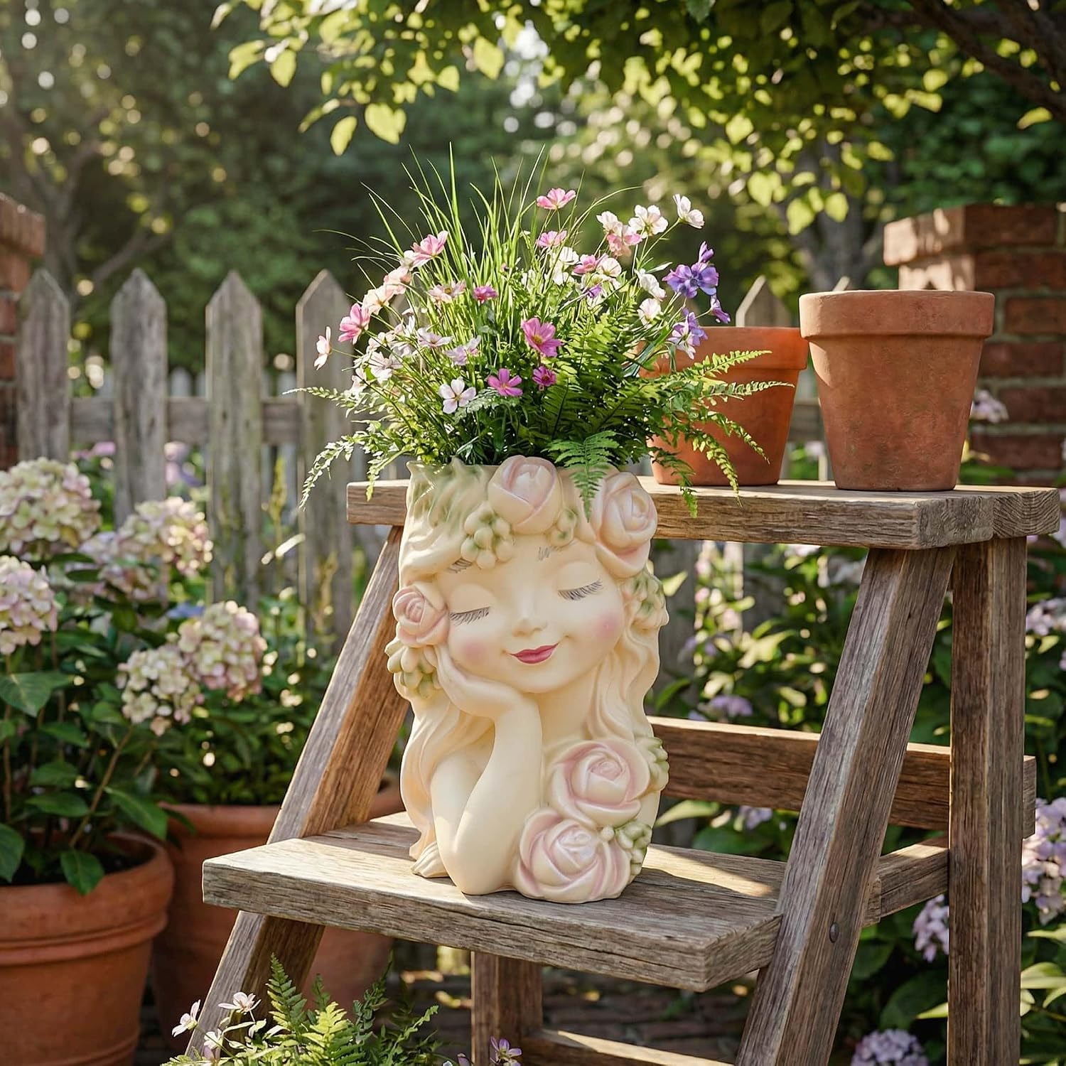 Decorative Garden Fairy Head Planter - Resin Flower Pot, Succulent Planter Holder, Tall Face Planters Pots, Phrenology