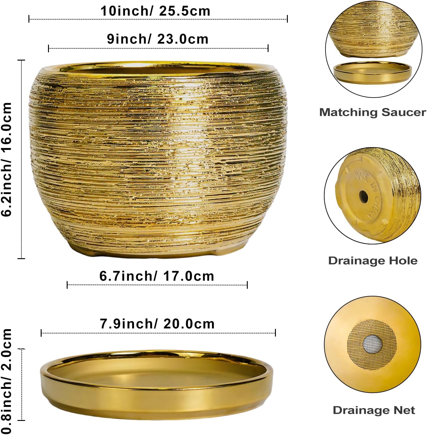 SQOWL Ceramic Planter for Indoor Plants - 10 Inch Plant Pot with Drainage Hole and Saucer, Modern Round Planter