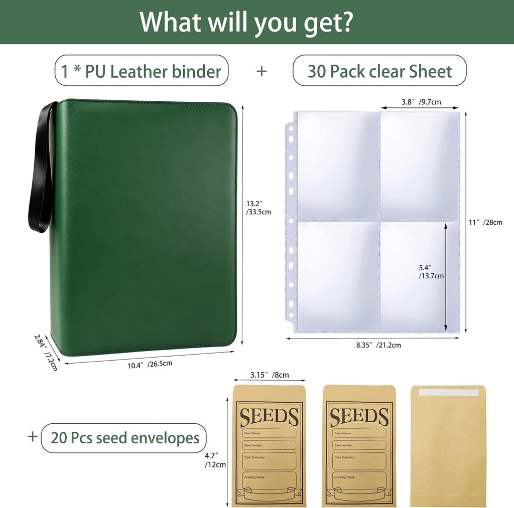 Zippered Seed Organizer Binder with 20 Pcs Seed Envelopes & 30 Pack Sheet | Clear Sheet, Large capacity-Holds 120