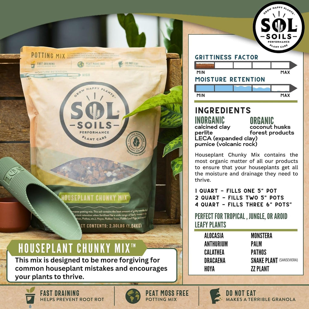 Chunky Houseplant Mix - Fast Draining Soil for Indoor Plants with Coco Coir Chips, Perlite, & Pumice, 2 Quart