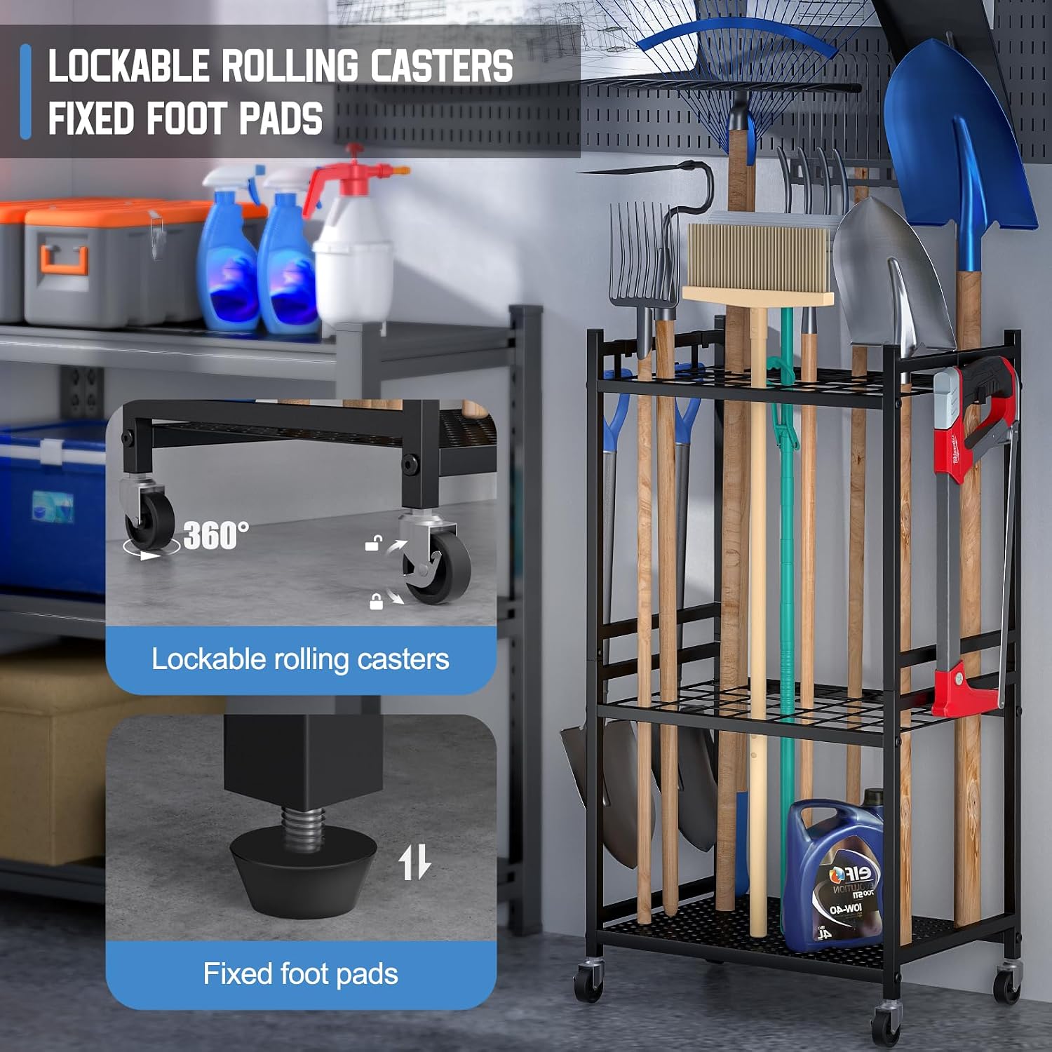 DAOUTIME Garden Organizer With Wheels, Yard Tower Rack for Garage Storage, Up to 35 Long-Handled Tools, Sturdy Metal