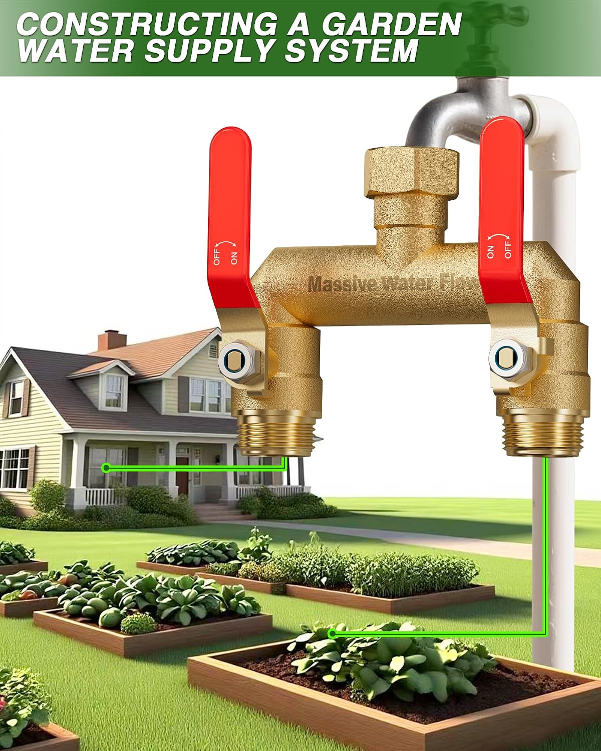 Hose Splitter 2 Way Heavy Duty, Full Flow Garden Hose Splitter with 2 Long Metal Handles, Brass Rust and Freeze