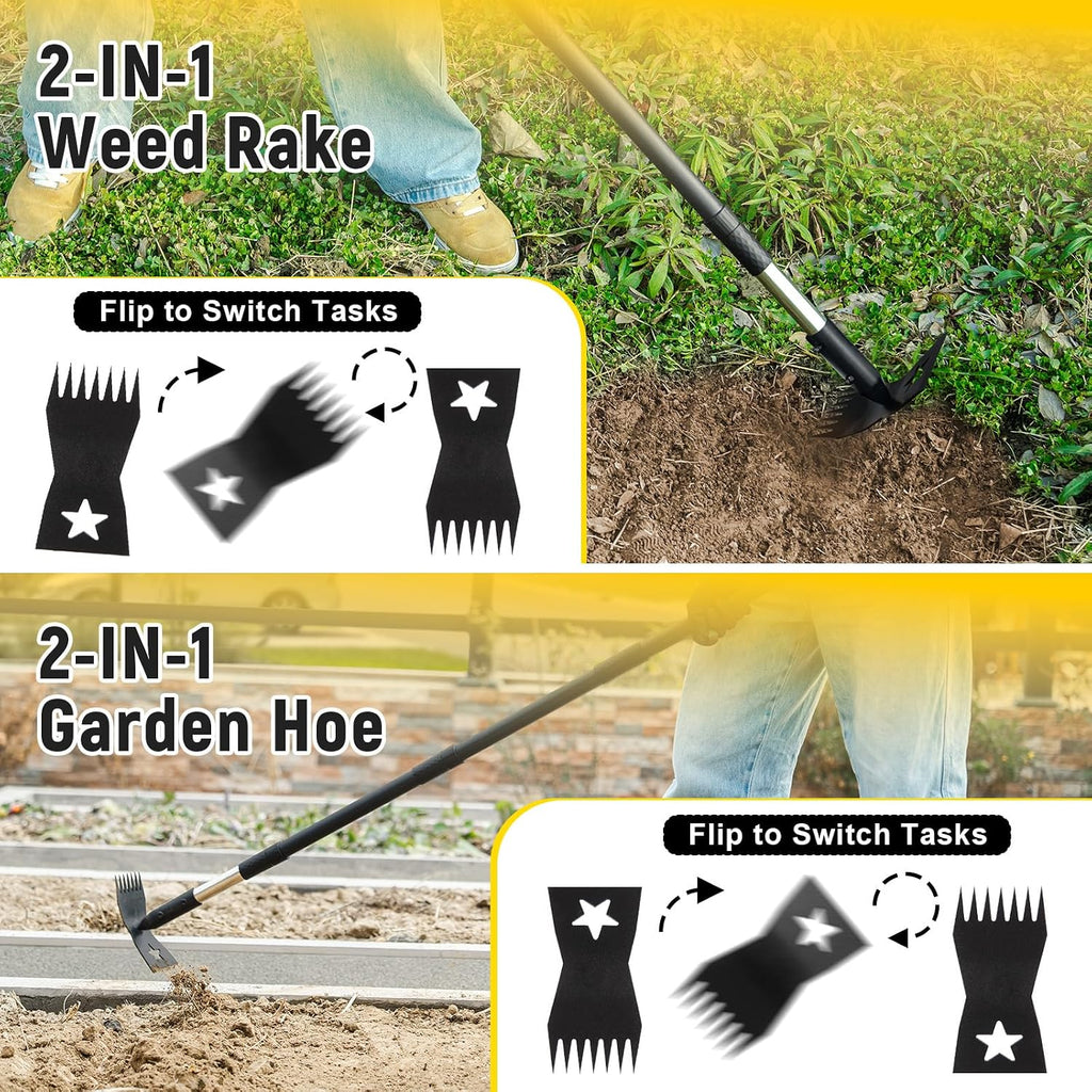 2-in-1 Weed Rake and Garden Hoe, 68" Weed Puller Tool with Long Handle, Manual Weeds Remover, Heavy Duty Stand Up
