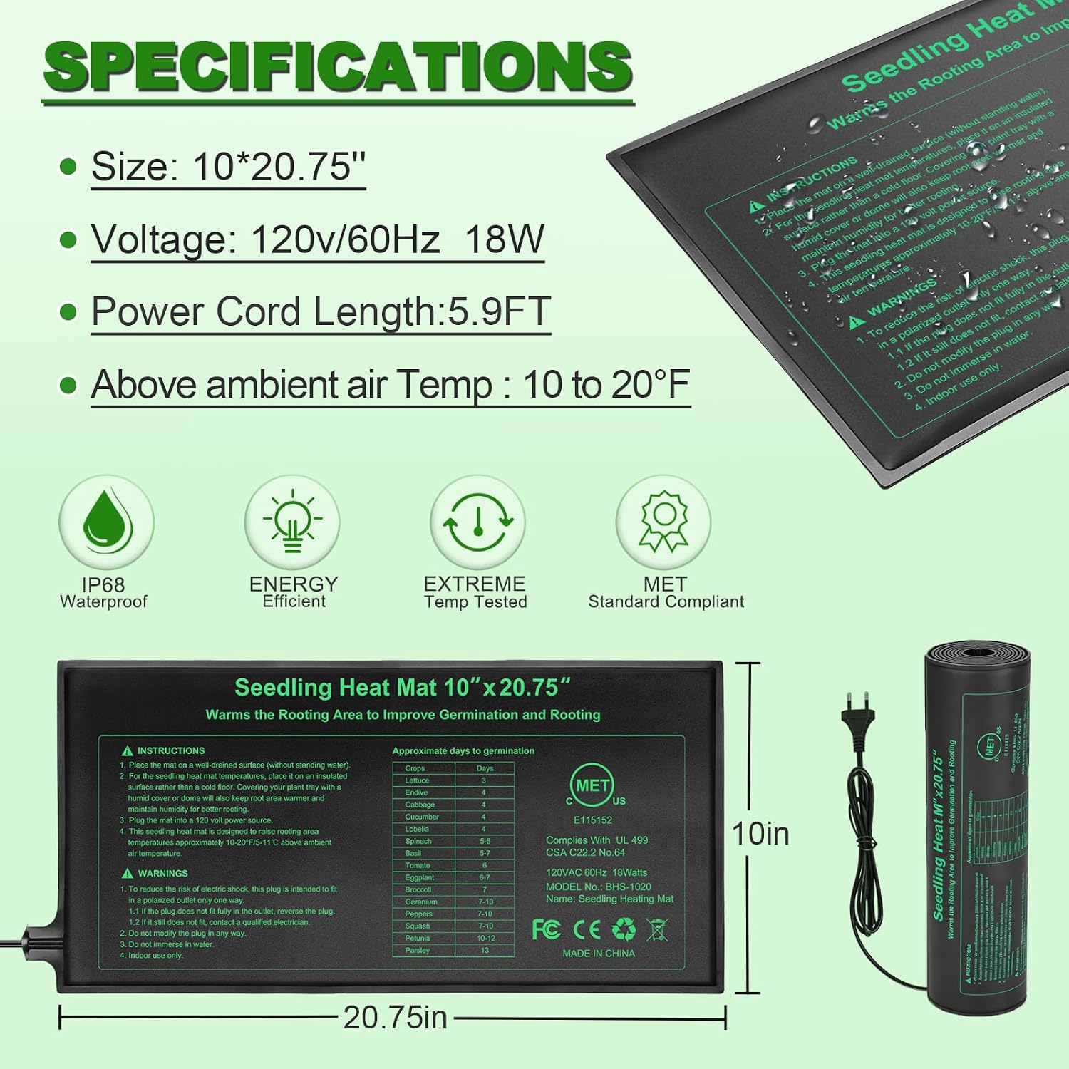 Bestio Waterproof Seeding Heat Mat 10"x 20.75", 4 Pack Durable Heat Mats for Seed Starting, UL & MET-Certified Plant