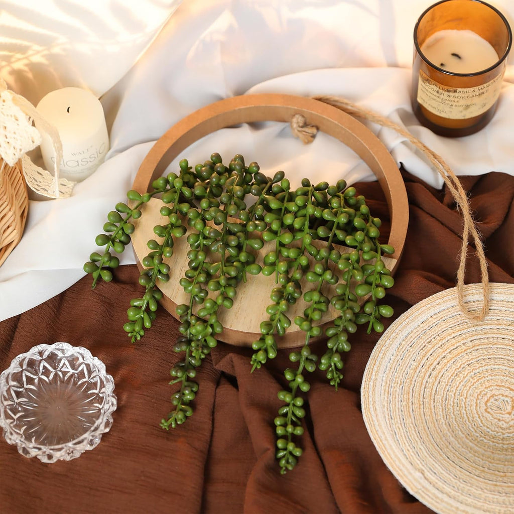 2pcs Artificial Succulents Hanging Plants 12.2'' Fake String of Pearls in Pot with 8.3'' Lanyard for Indoor Outdoor