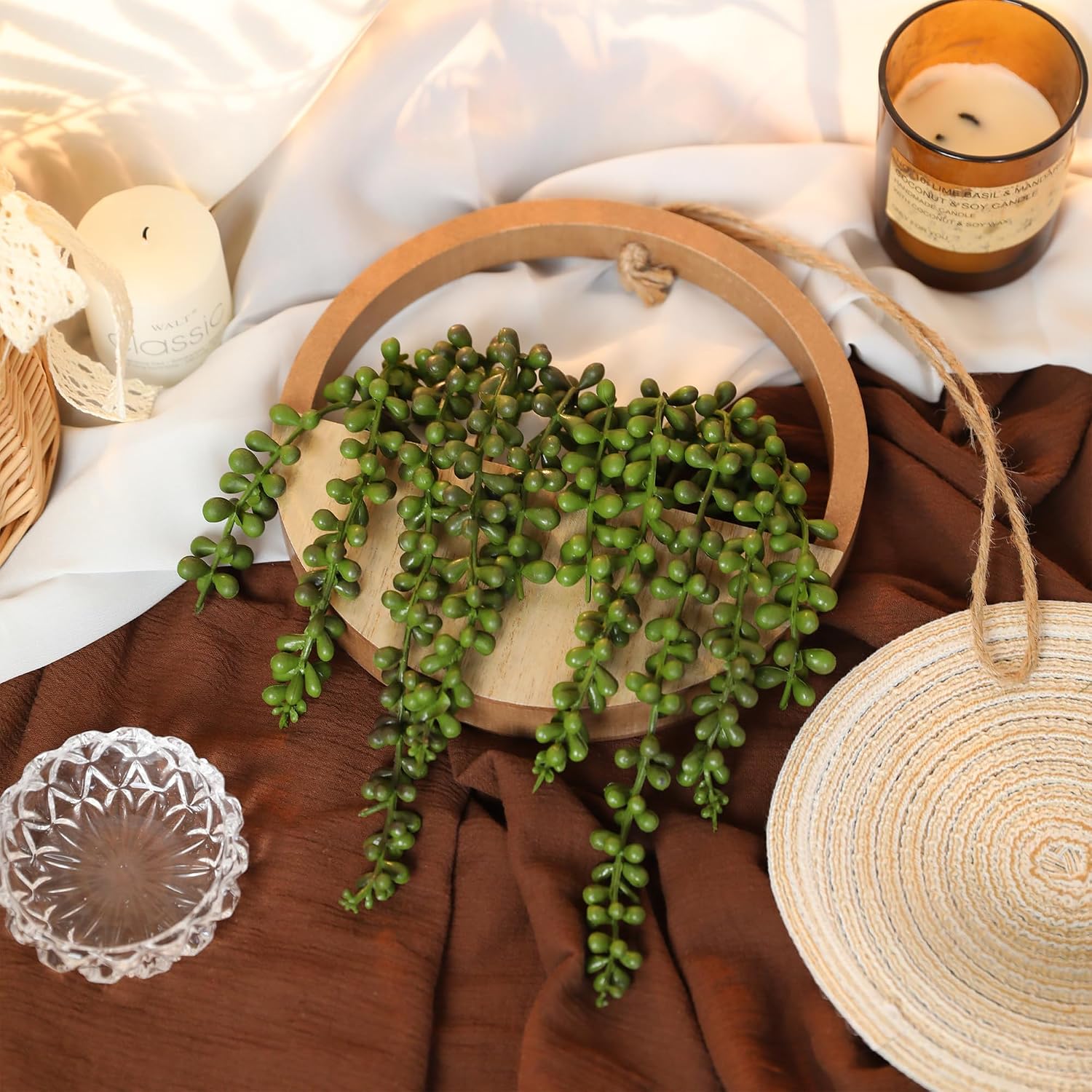 2pcs Artificial Succulents Hanging Plants 12.2'' Fake String of Pearls in Pot with 8.3'' Lanyard for Indoor Outdoor