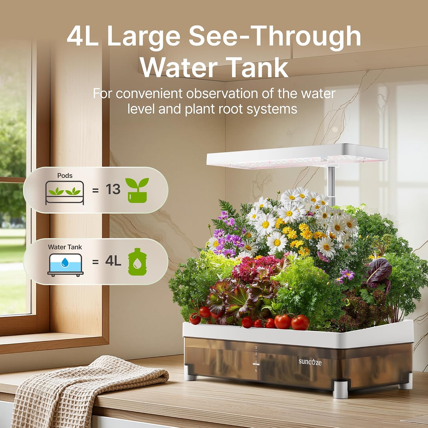 Hydroponics Growing System 13 Pods, with Dimmable Light | 4L Visible Water Tank, Adjustable Height to 12.8 in, Digital