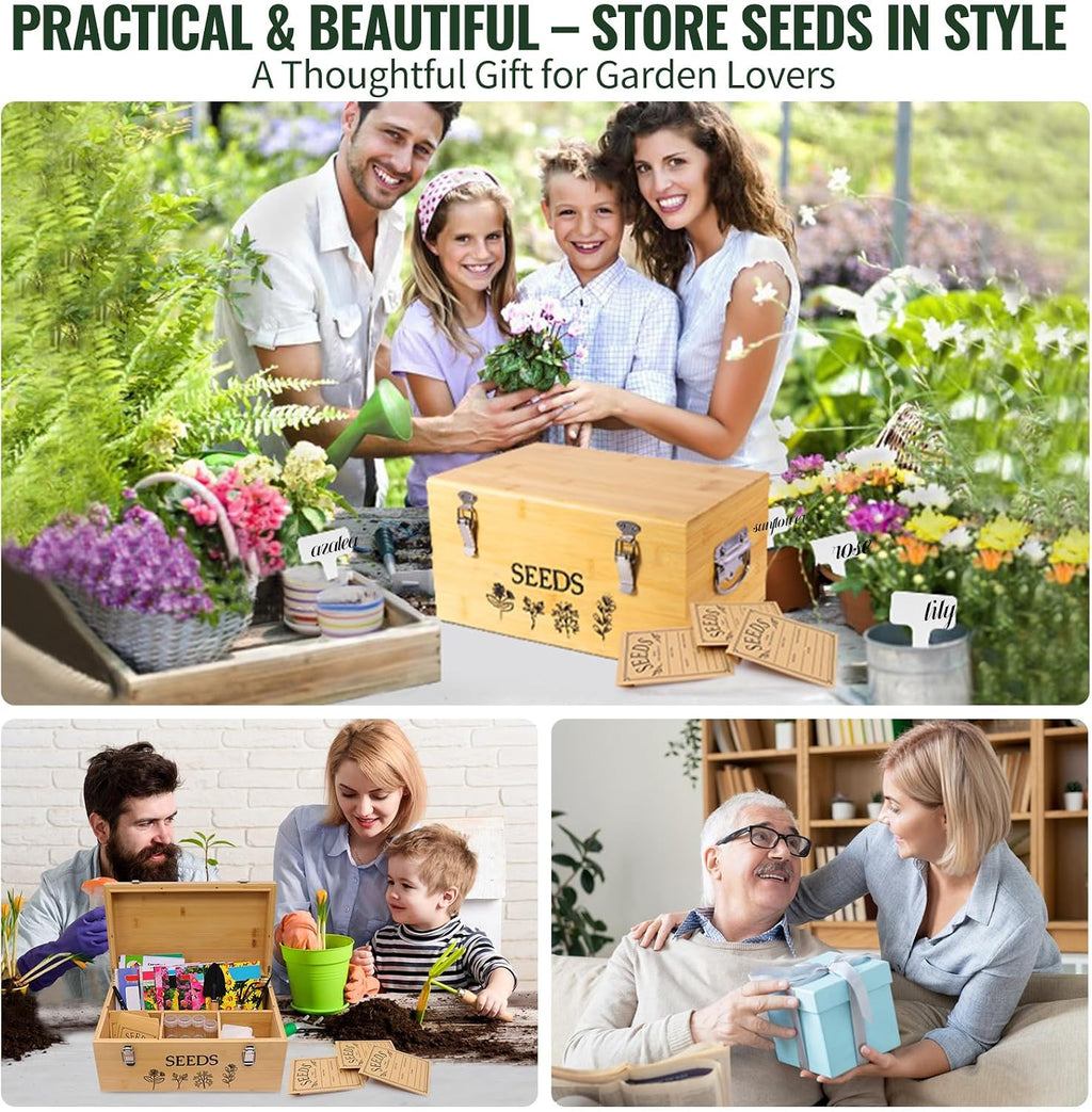 Large Bamboo Wood Seed Storage Organizer Box with Lid,Double-Layer Seal Design Seed Saving Box with 304 Stainless Steel