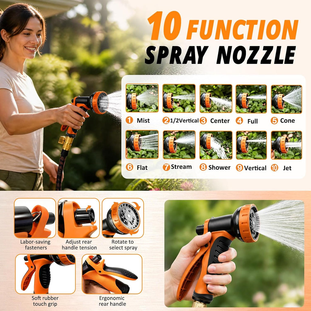 Non-Expandable Garden Hose 50FT, Ultra Lightweight Flexible Water Hose with 10-Function Spray Nozzle, Kink-Free and