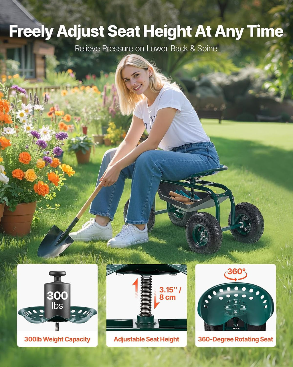 VEVOR Rolling Garden Cart with Swivel Seat, Heavy Duty Garden Seat with Storage Basket & Tool Tray, 300 lbs Weight