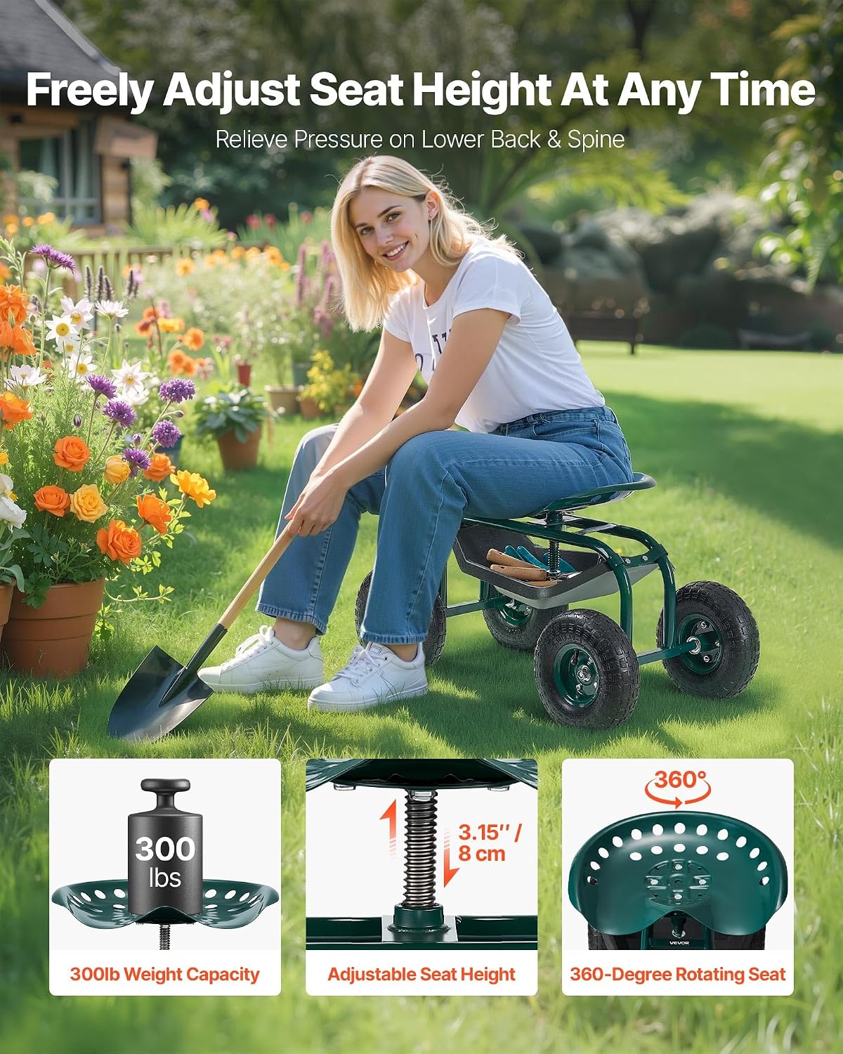 VEVOR Rolling Garden Cart with Swivel Seat, Heavy Duty Garden Seat with Storage Basket & Tool Tray, 300 lbs Weight