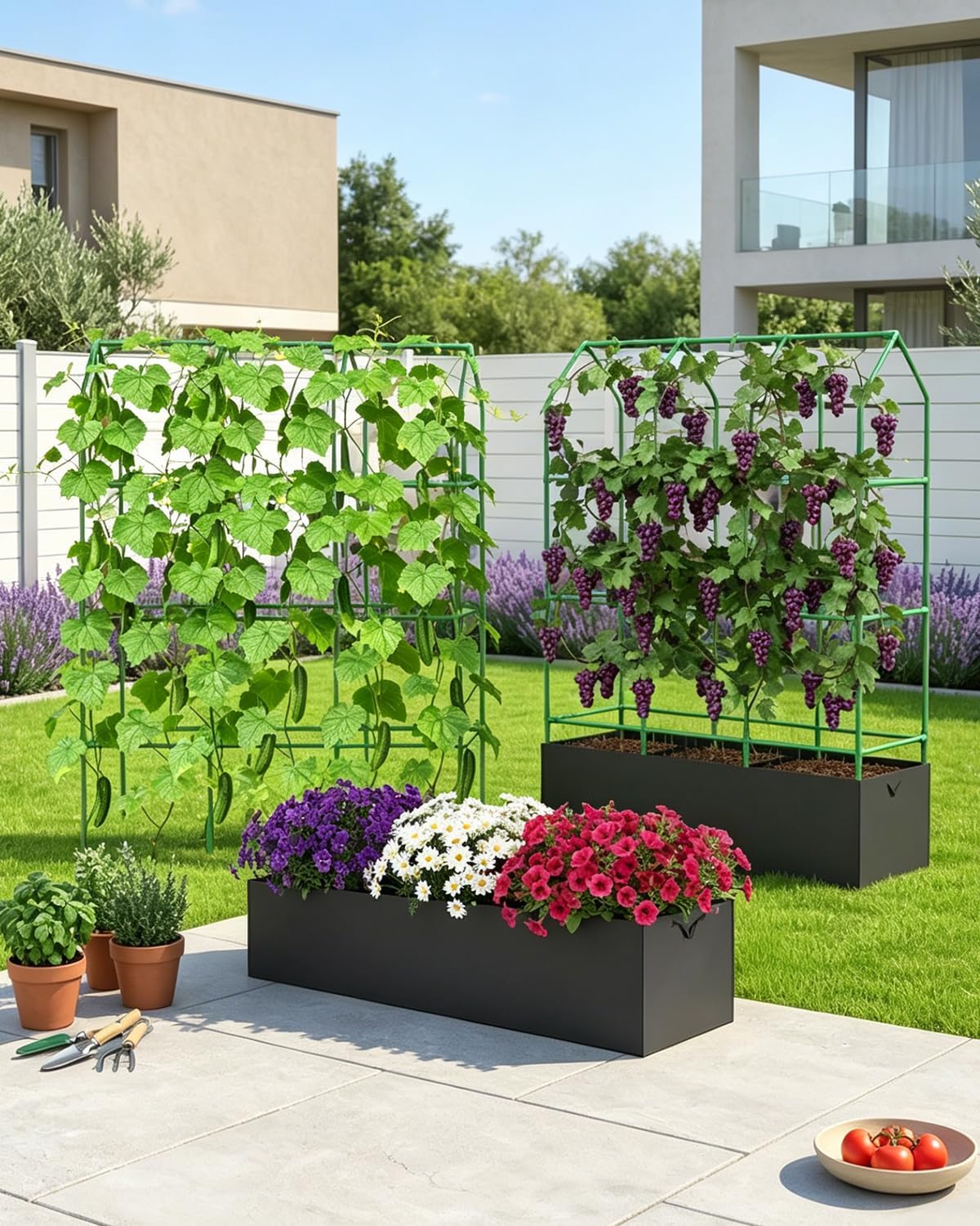65" Cucumber Planter with Trellis for Climbing Plants Outdoor, Metal Garden Trellis for Raised Bed, Plant Support