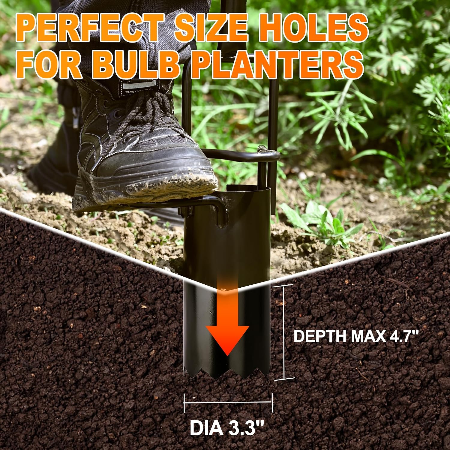 BARAYSTUS Bulb Planter Tool Long Handle, Tulip Bulb Planter Tool with Serrated Base & Double Pedal, Soft T Grip Sod