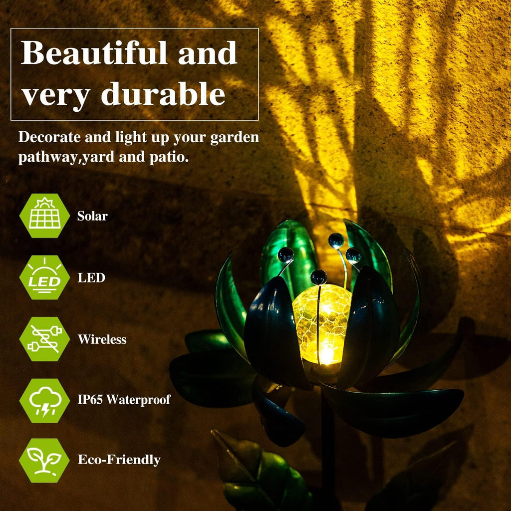 Solar Garden Lights Metal Flower Decor, Colorful Spinning Windmill Lotus Pathway Ligths with LED Cracked Crystal Ball