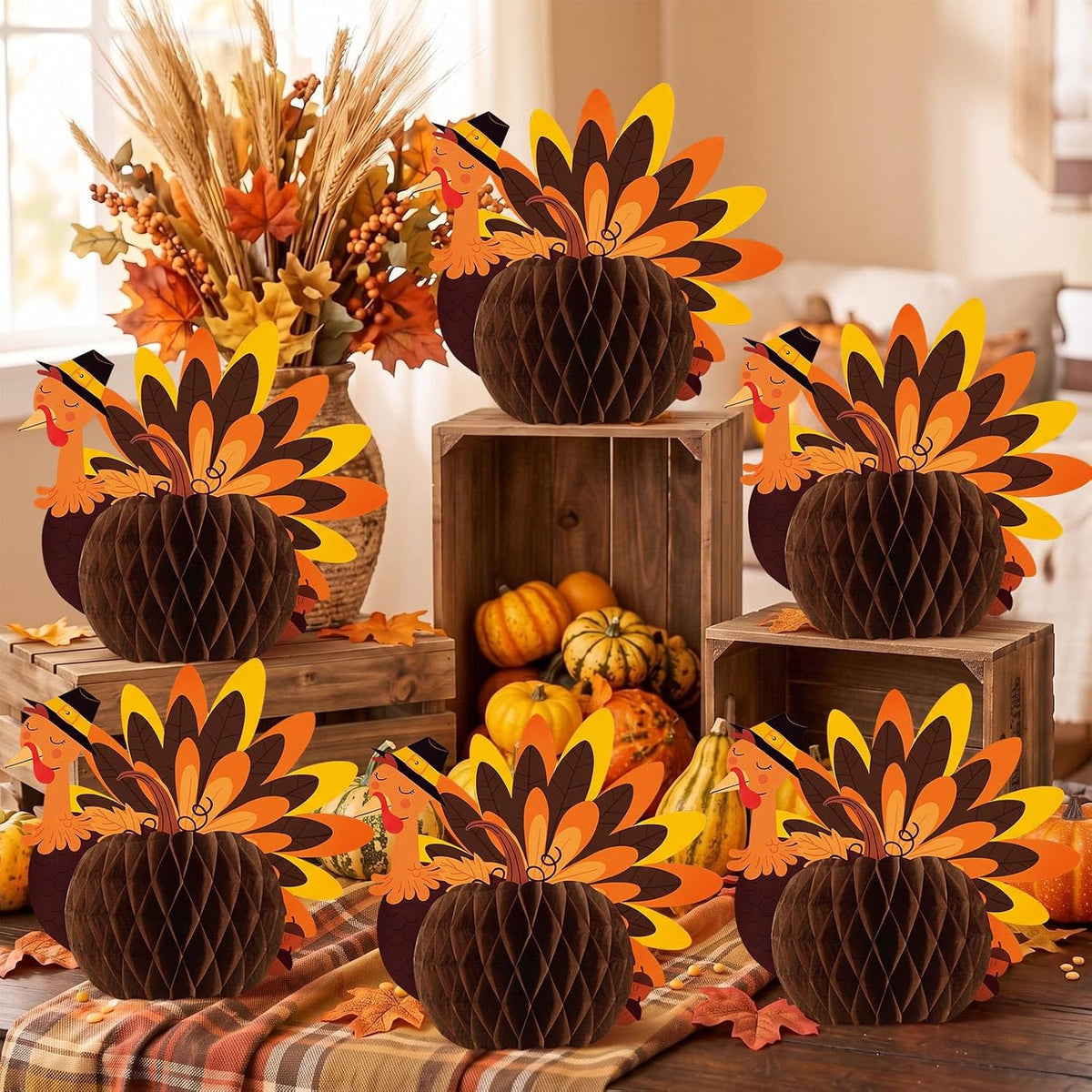 Fourluoo 12 Pcs Fall Thanksgiving Table Decor Turkey Honeycomb Centerpiece