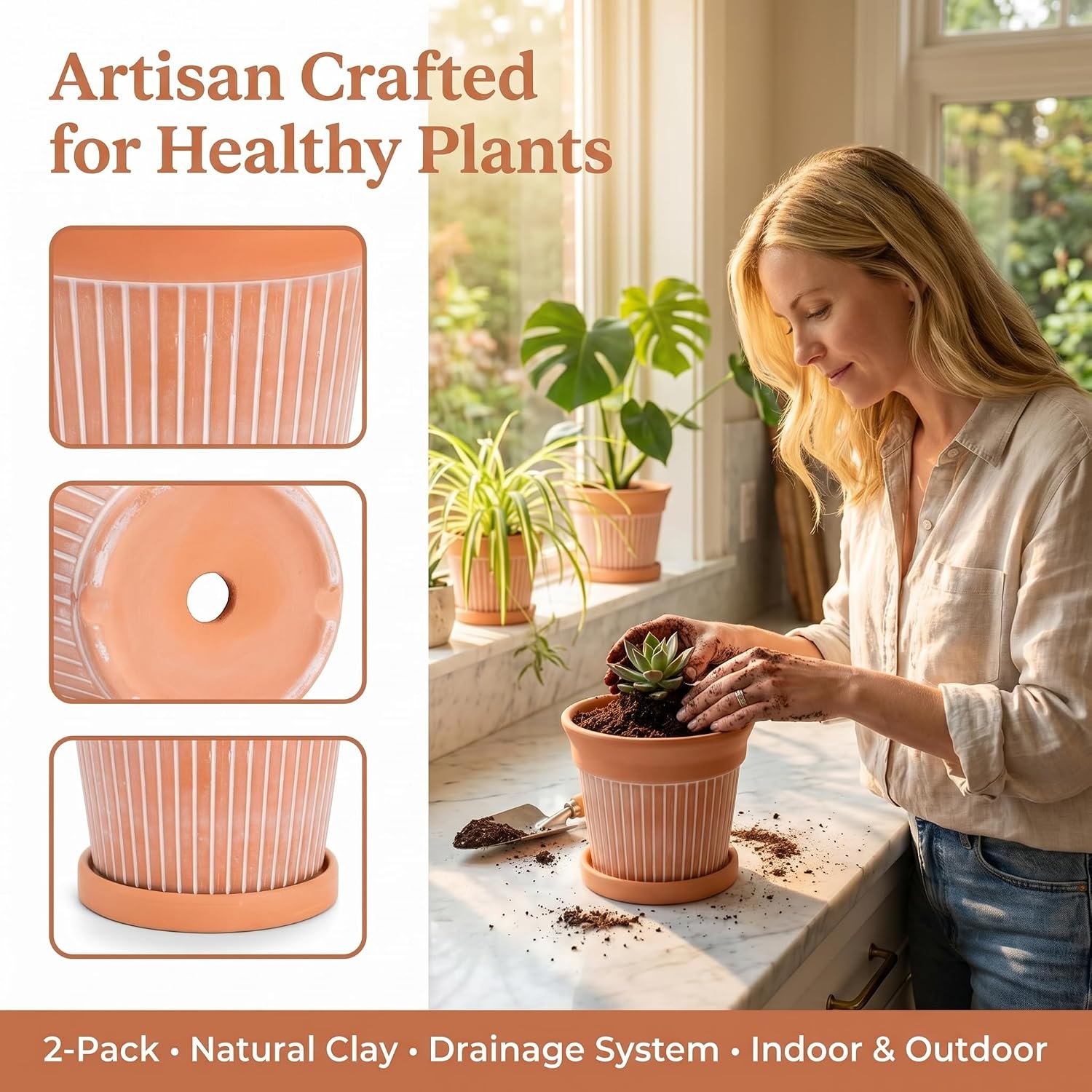 Cedilis 2 Pack Terracotta Pots, 6 inch Red Clay Pots with Drainage and Saucers, Terra Cotta Planter for Garden Cactus