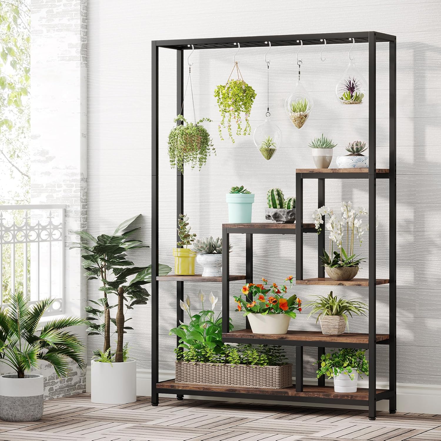 Tribesigns 5-Tier Tall Indoor Plant Stand, 70.9 inches Large Metal Plant Shelf with 6PC S Hanging Hooks, Multi-Purpose