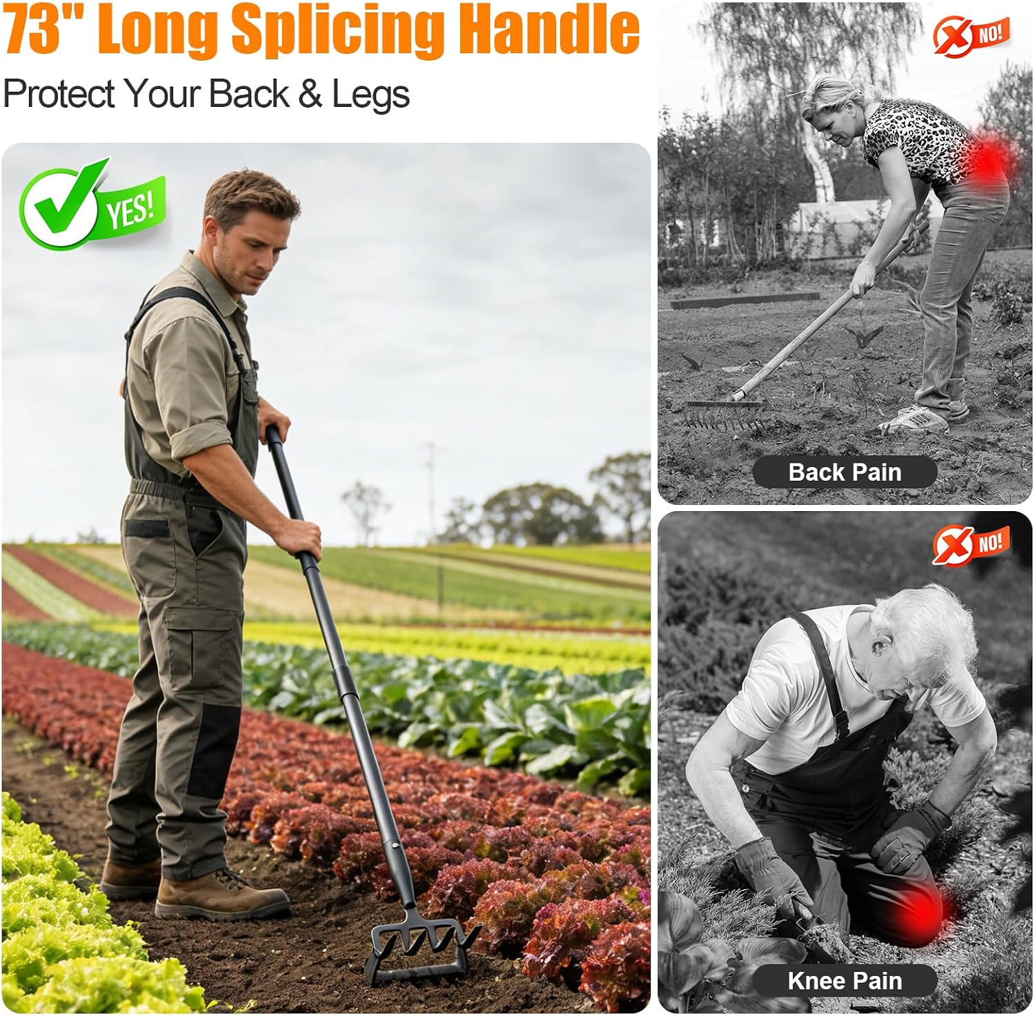 Garden Hoe, 72 Inch Soil Tiller Cultivator Stirrup Hoe, Heavy Duty 2-in-1 Garden Tool with Adjustable Long Handle