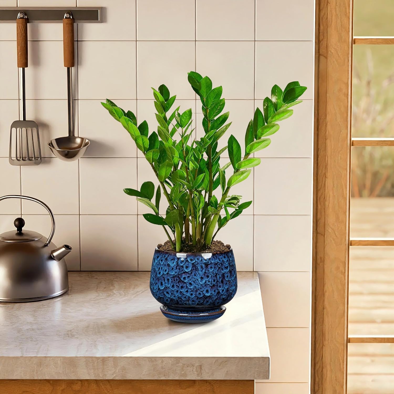 GnFlus Blue Ceramic Planter Pots with Drainage Holes, Set of 2 7''+5'' Saucers Large Round Plant Pot for Indoor-Outdoor