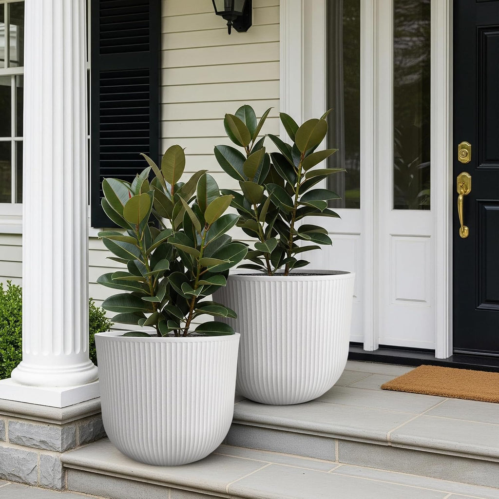 Worth Garden Round Large Planter Pot Set of 2-17.5" Dia x 15.5" H - Durable Plastic White Plant Tree Pots with Vertical