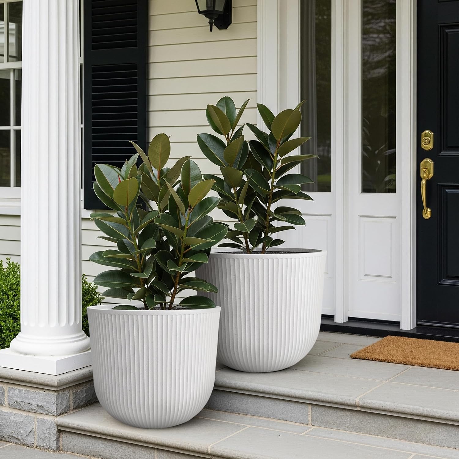 Worth Garden Round Large Planter Pot Set of 2-17.5" Dia x 15.5" H - Durable Plastic White Plant Tree Pots with Vertical