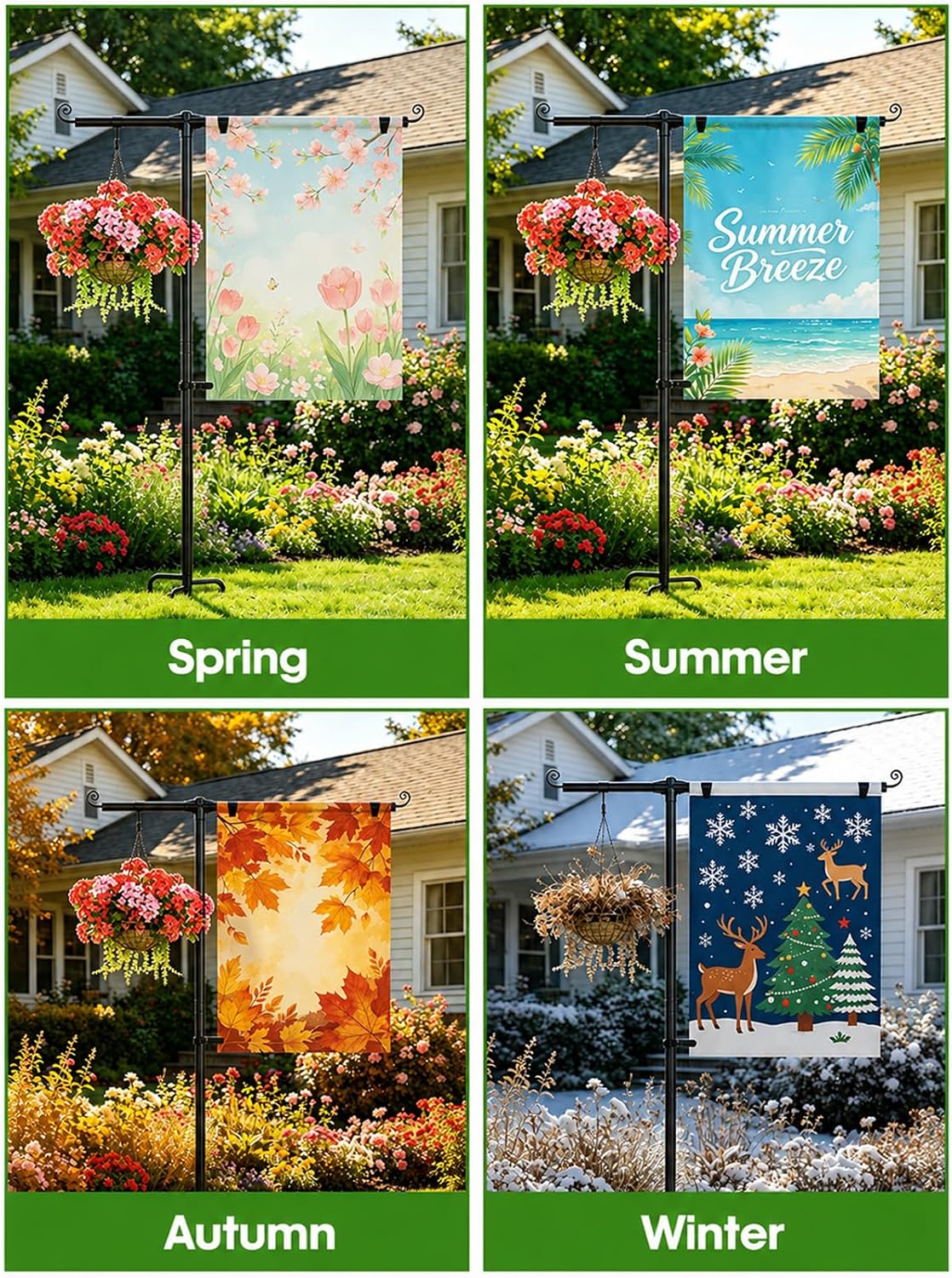 Garden Flag Stand Holder 63" Stainless Steel Pole for 28 x 40 Flags | 3/4" Diameter with Shepherd Hooks and 4-Prong
