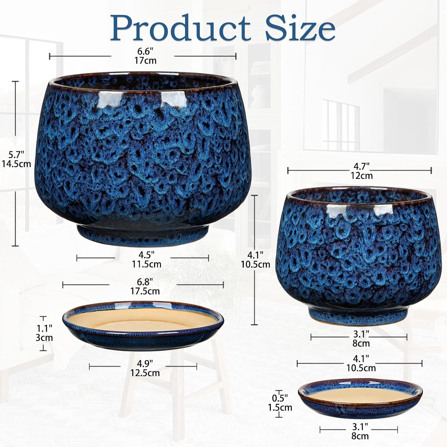 GnFlus Blue Ceramic Planter Pots with Drainage Holes, Set of 2 7''+5'' Saucers Large Round Plant Pot for Indoor-Outdoor