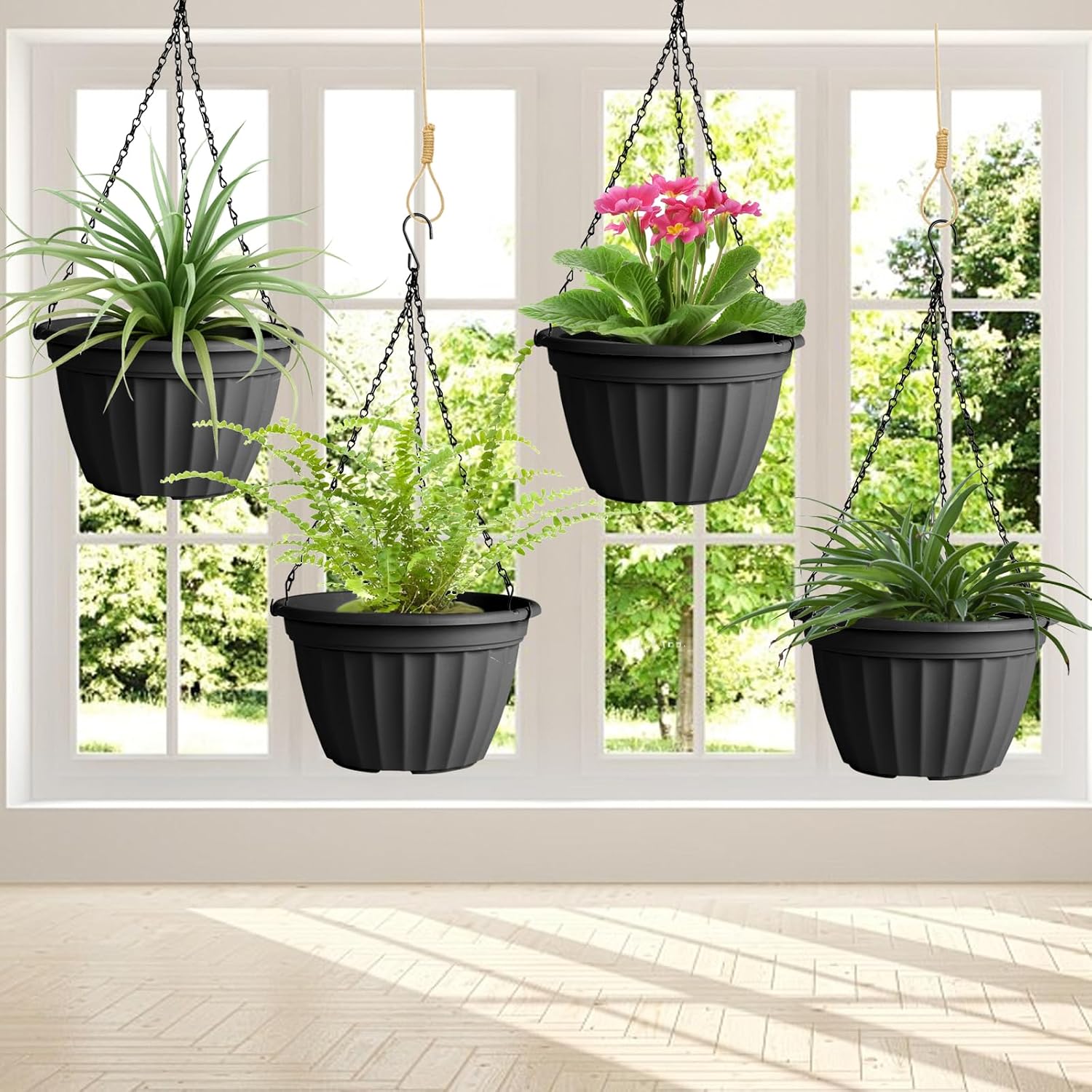 FGstyle Hanging Planters 10 Inch 4 Pack,Hanging Baskets for Plants Outdoor | Self Watering Plastic Hanging Flower Pots
