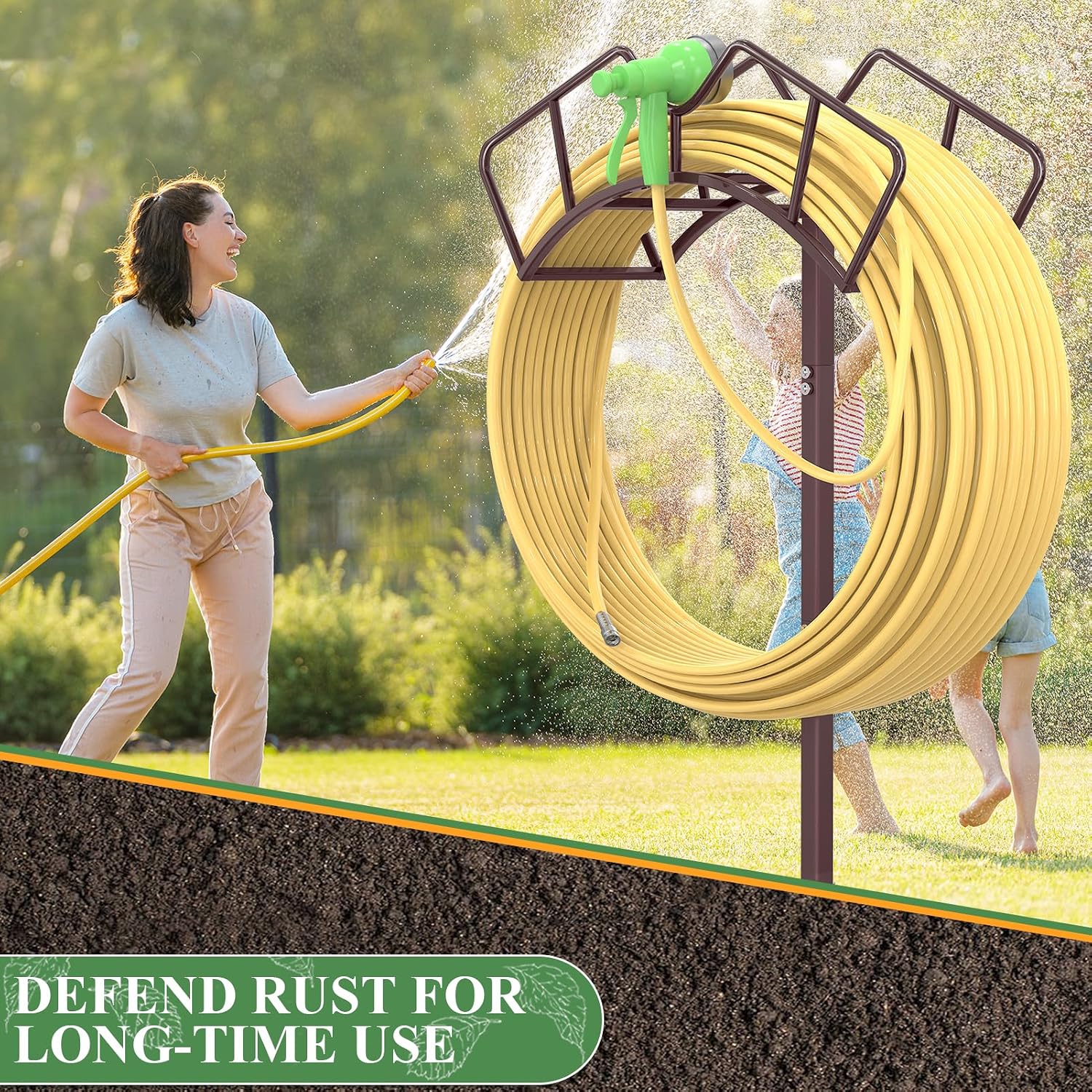 Qatsrin Heavy Duty Garden Hose Holder, Water Hose Reel Holds 150ft, Bronze | Detachable Water Hose Hanger Stand