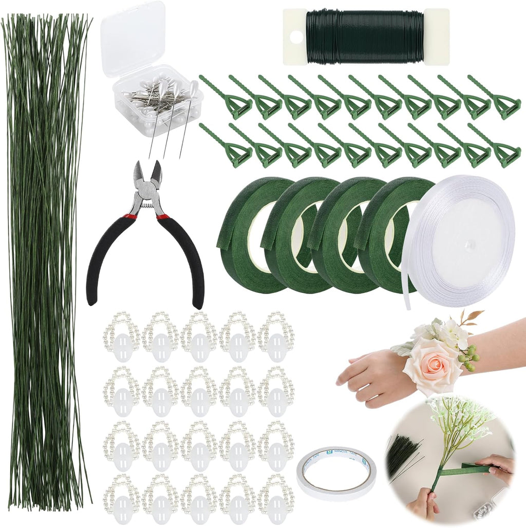 Floral Wire Arrangement Tool,DIY Bouquet Making Supplies with 5 Floral Tapes 20 Pearl Corsage Wrist Bands 20 Triangular Brooches,50 Boutonniere Pins,100 Flower Wire for Corsages Bouquet Accessories