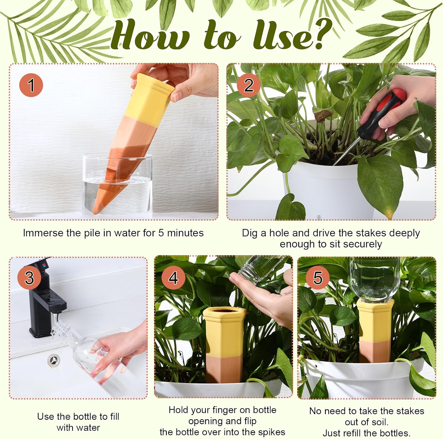 DoubleFill 8 Pcs Terracotta Plant Watering Spikes Self Watering Planter Insert Automatic Plants Waterer Devices 8