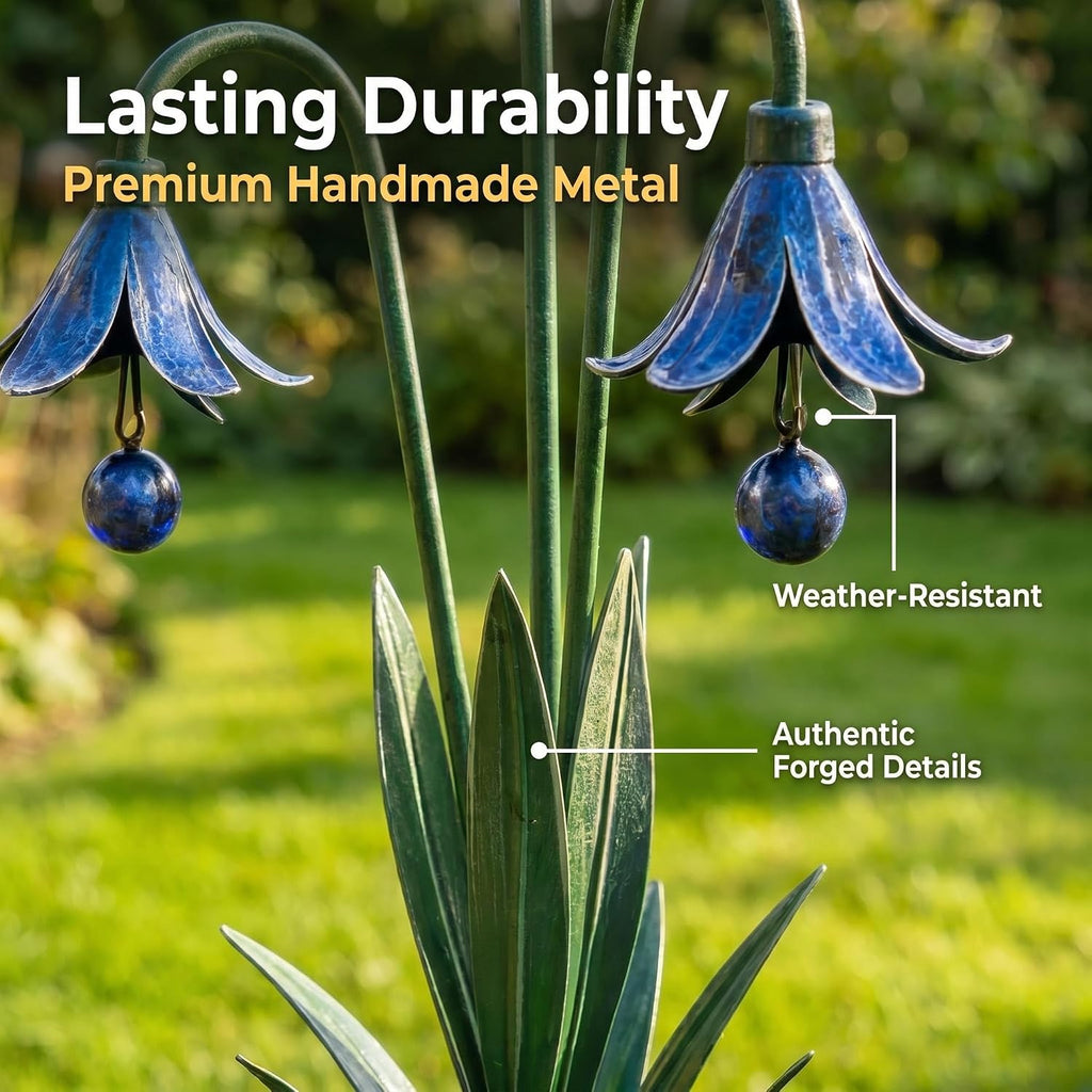 Triple Bluebell Metal Garden Stake with Bells, Handcrafted Yard Decor | Solid metal structure, rust & weather resistant