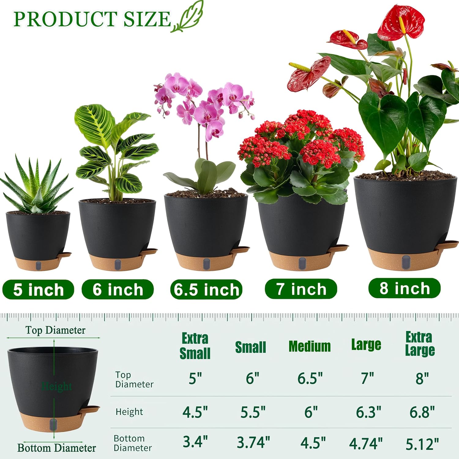 Self Watering Pots for Inoor Ourdoor Plants 8/7/6.5/6/5" Plastic Planters | Drainage Holes & Water Level Indicator