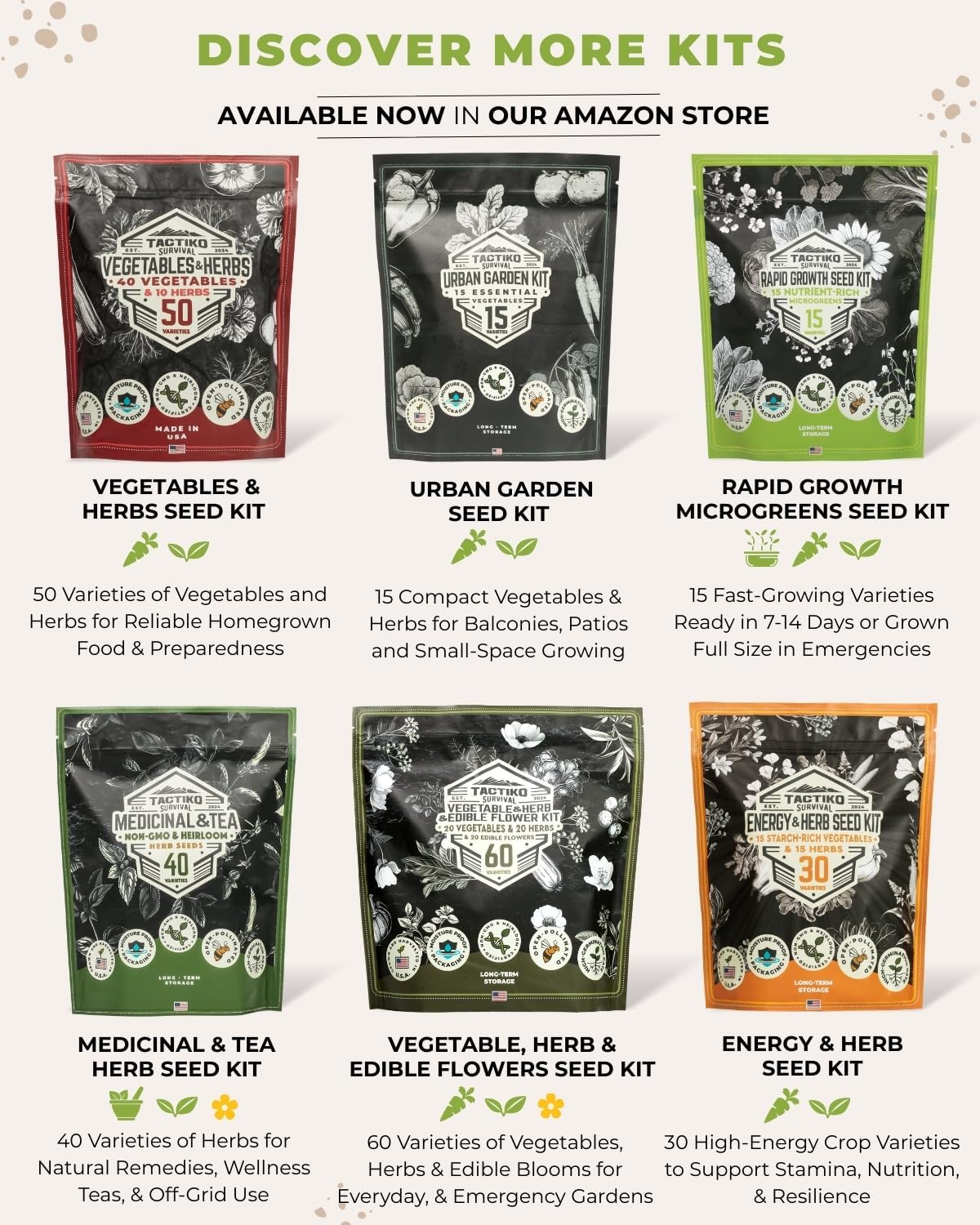 Tactiko Edible Flowers & Popular Herb Seed Kit | 35 Varieties | Non-GMO