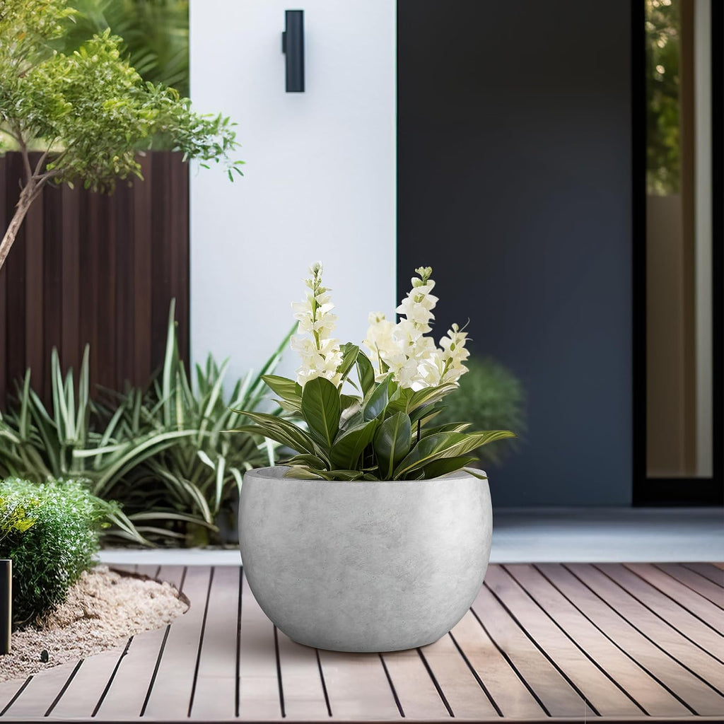 Kante Small Round Bowl Pale Gray Concrete Planter 11.8" Dia, Outdoor | Rubber Plug for Indoor, Drainage for Garden