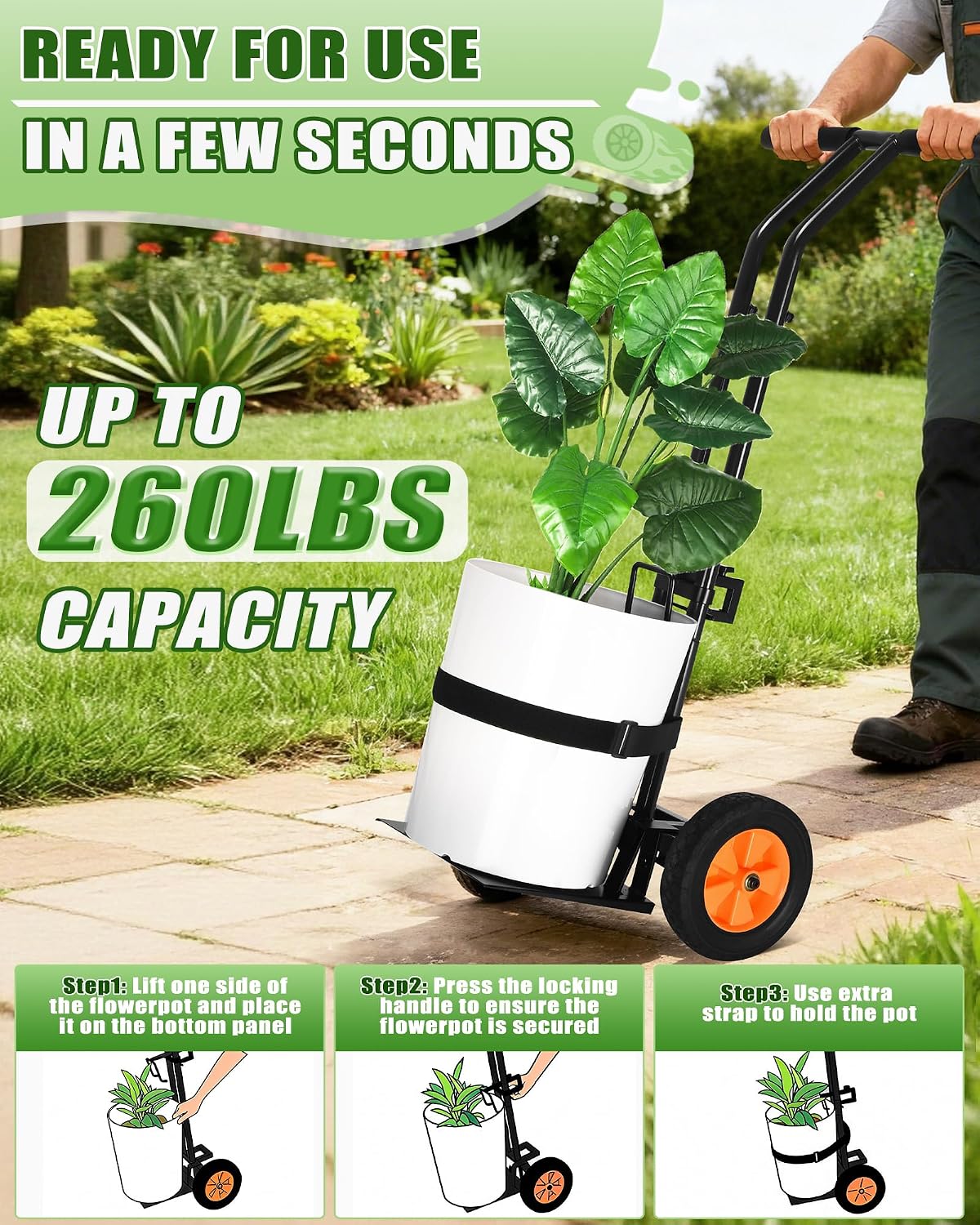 Plant Caddy with Wheels, 260LBS Capacity Rolling Plant Dolly Pot Mover | Adjustable Grabbing Arm, Suction Cup & Strap