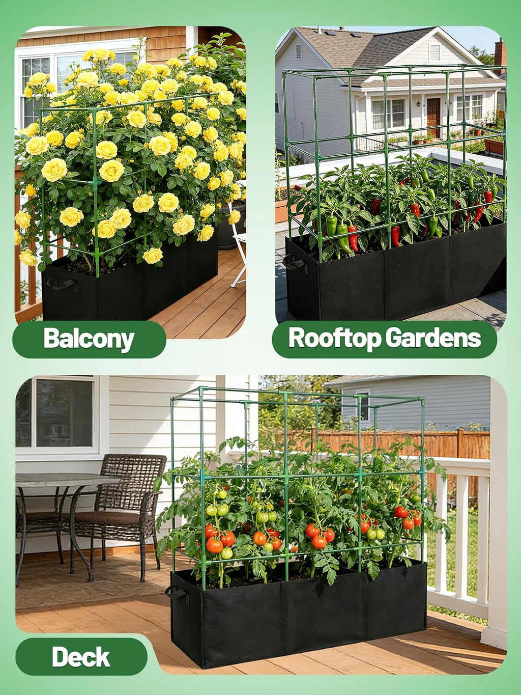 Tomato Cage with 3 Compartment 51 Gallon Grow Bag - 47" L × 15.7" W × 45" H Heavy Duty Square Tomato Planter Trellis