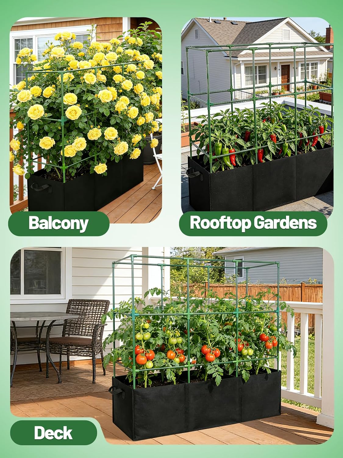 Tomato Cage with 3 Compartment 51 Gallon Grow Bag - 47" L × 15.7" W × 45" H Heavy Duty Square Tomato Planter Trellis