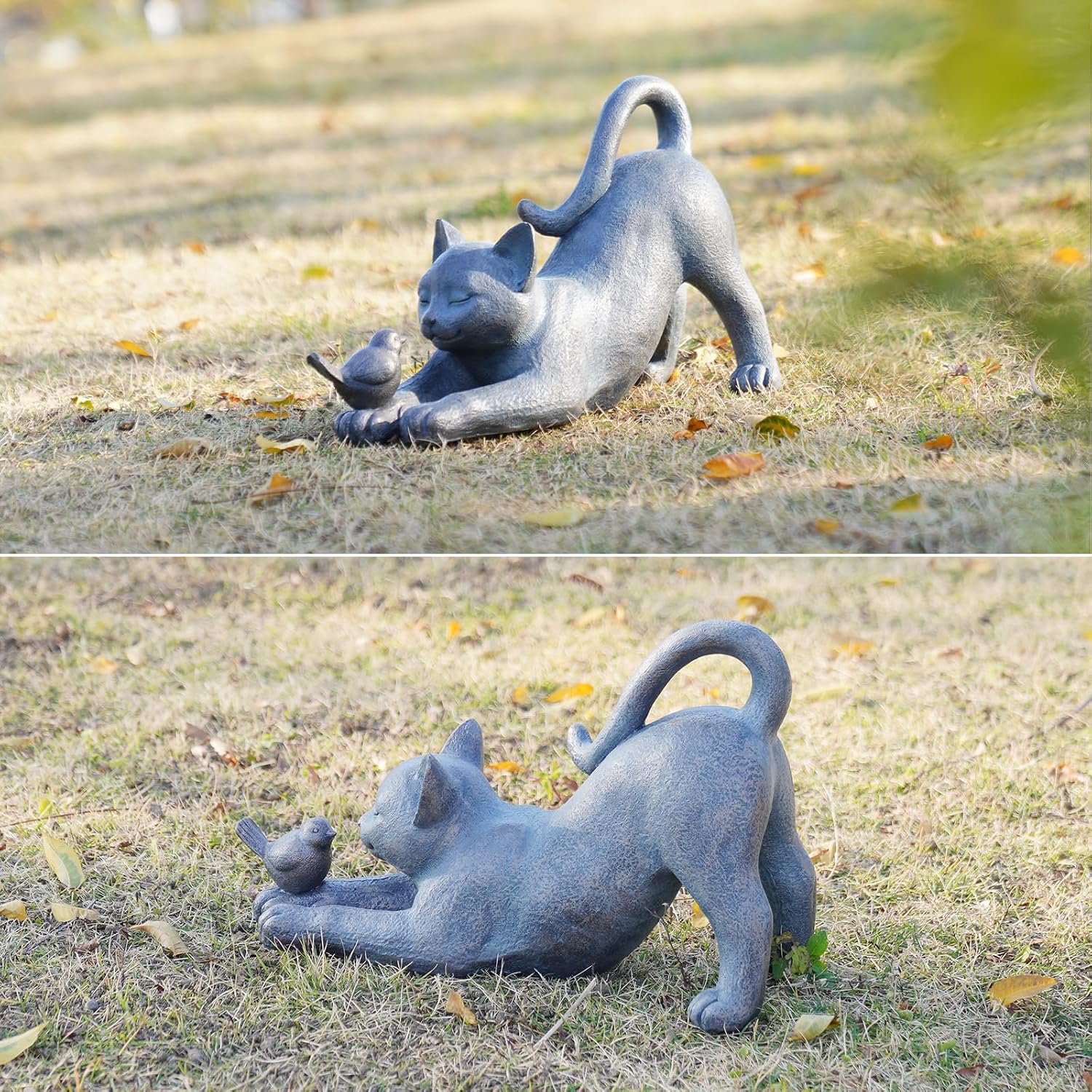 Cat Garden Statues Outdoor Cat-Figurines - Home Garden Decor 16 x 6 x 9.5 inch Resin Cats & Bird Playing Sculpture