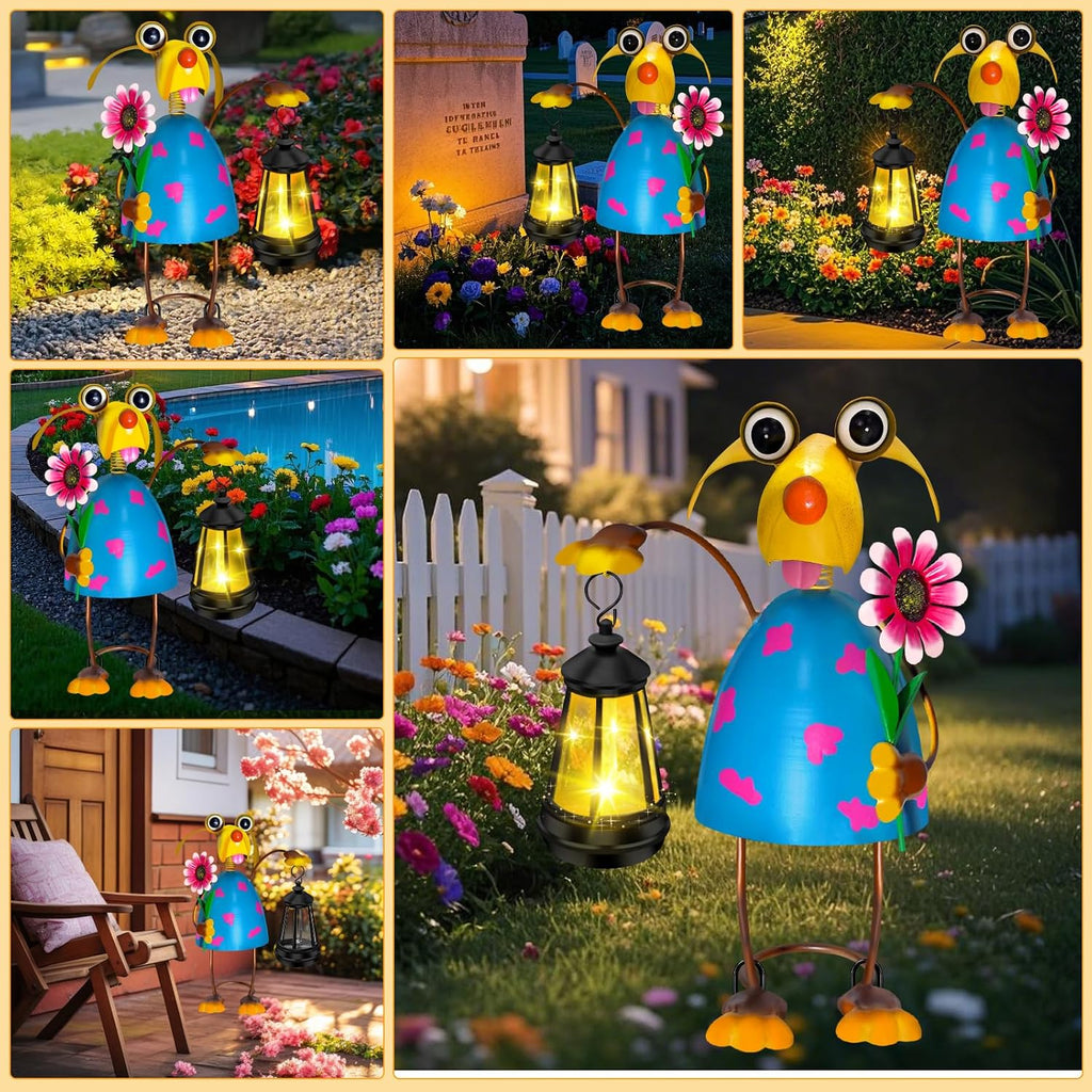 Solar Metal Dog Garden Statue with Lantern, Outdoor Garden Decor Figurine | Bobble Head Spring Neck Wind Wobble Design